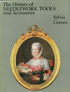 The cover portrait on this book shows Madame de Pompadour dressed in silk and laces, and seated at her Tambour frame. Her right hand is above the work, holding the Tambour Hook in an upright position to commence the stitch, and her left hand is below to control the thread (and perhaps add beads or paillettes) antique sewing tools